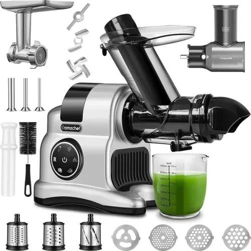 Máquina exprimidora lenta 5 en 1, canal de alimentación de 3 pulgadas de ancho, alto rendimiento de jugo, fácil de limpiar, incluye picadora de