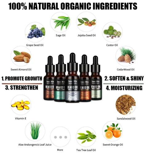 Miniatura 3 de ISNER MILE Kit de 5 Aceites para Barba: Sándalo Naranja Cedro Salvia Sin Fragancia para Cuidado y Acondicionador de Barba, Rellenos de Calcetín
