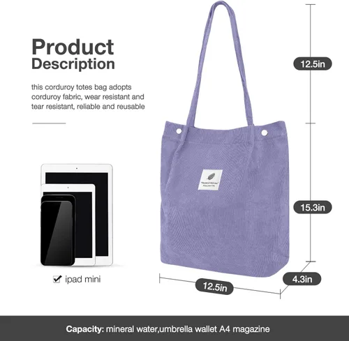 Miniatura 2 de Bolsas de pana para mujeres y niñas, bolsa de pana de gran capacidad, reutilizable, con bolsillos interiores