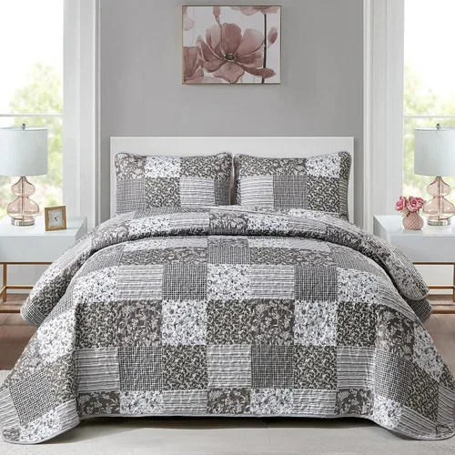 Miniatura 11 de Mybedsoul Juego de edredón bohemio beige tamaño individual, juego de colcha floral a cuadros de 3 piezas, juego de ropa de cama reversible