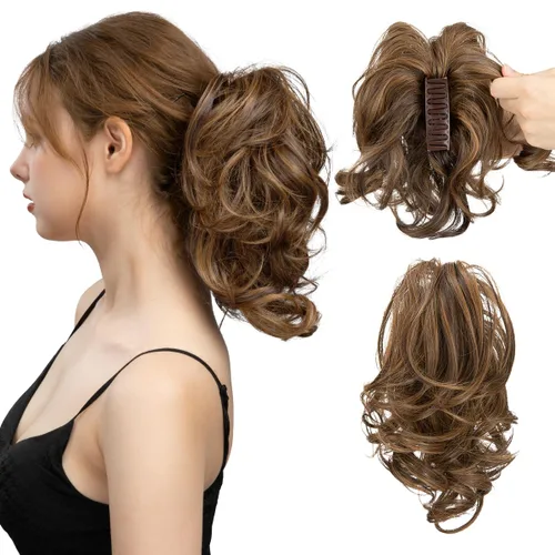 Miniatura 25 de CJL HAIR - Extensiones de cabello con pinza de garra para cola de caballo corta, trenza desordenada, sintéticas, maleables, para mujeres, cabello