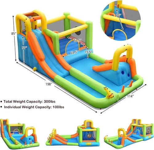 Miniatura 7 de OLAKIDS Tobogán acuático inflable, casa de rebote 7 en 1 con 2 toboganes de escalada de pared, piscina con 2 columnas de anillo, pistola de agua