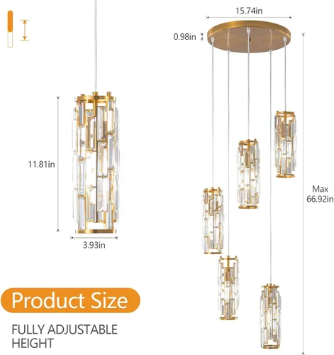 Miniatura 5 de LMQNINE - Lámpara colgante, lámparas colgantes modernas doradas, mini candelabros de cristal, iluminación colgante ajustable de 5 luces para cocina
