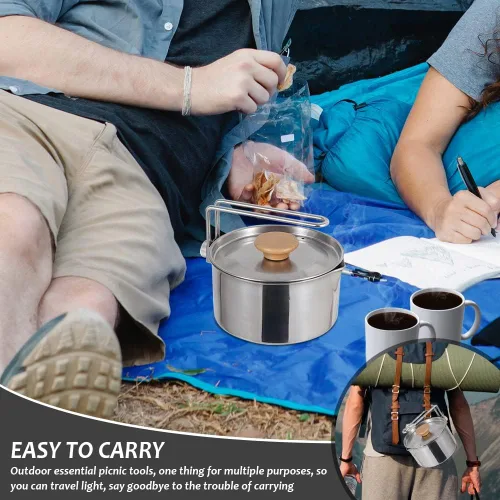 Miniatura 5 de Olla de camping de acero inoxidable con tapa y mango extraíble, hervidor de agua ligera para acampar al aire libre, fácil de limpiar, olla