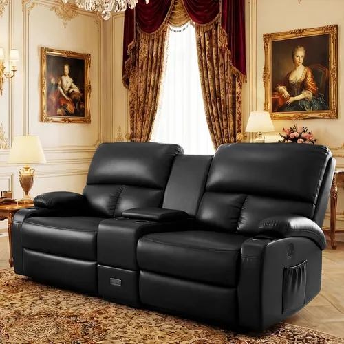 Miniatura 12 de CHABATREE Sofá reclinable con masaje y calor, asiento de cine en casa, sofá biplaza reclinable manual para caravana con soportes USB/tazas