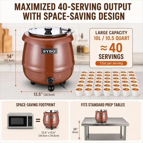 Miniatura 2 de SYBO SB-6000-1B - Calentador de sopa de grado comercial con tapa con bisagras y olla desmontable de acero inoxidable para fiestas de restaurante