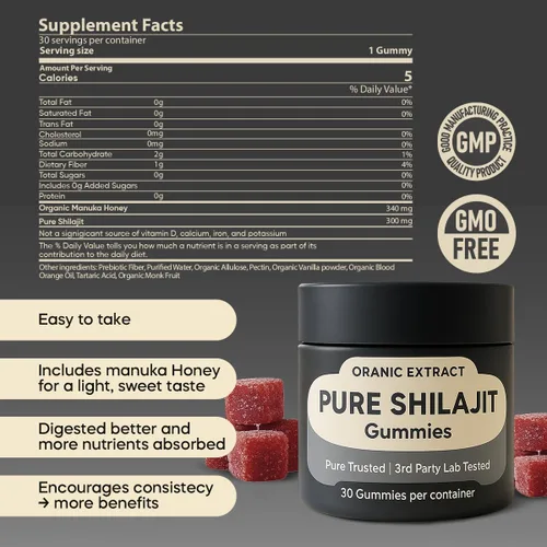 Miniatura 4 de Gomitas Shilajit - Fuente del Himalaya 9000 mg, energía y apoyo inmunológico para hombres y mujeres, ácido fúlvico + 85 oligominerales, sabor a miel