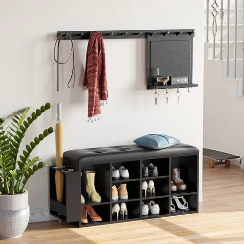 Miniatura 4 de IRONCK Banco para Zapatos, Banco de Entrada con Diez Compartimentos de Almacenamiento con Cuero PU, Organizador de Zapatero Cúbico con Estantes Negro