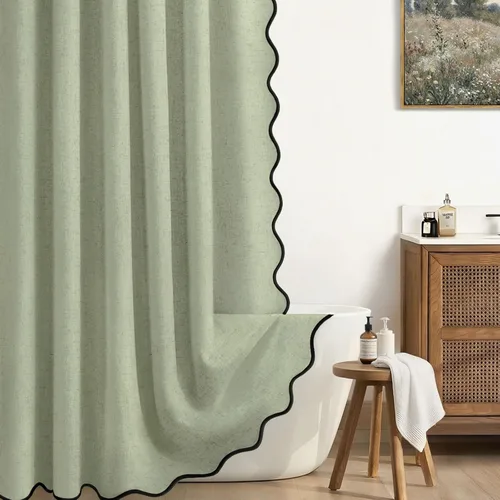 Miniatura 17 de Cortina de Ducha de Lino Beige Bonita Negra Festoneada Boho Moderna Cortinas de Ducha para Baño Juego, 48" W x 72" L