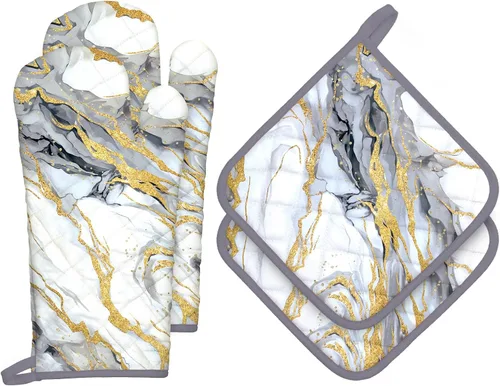 Juego de 4 manoplas de horno y soportes para ollas de mármol de oro blanco, 100% algodón, resistentes al calor, guantes de horno extralargos para