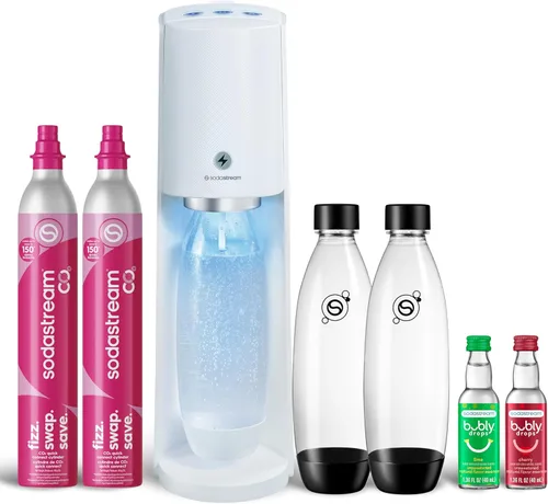 SodaStream E-TERRA - Paquete para hacer agua con gas (blanco), con CO2, botellas de carbonatación y sabores bubly Drops