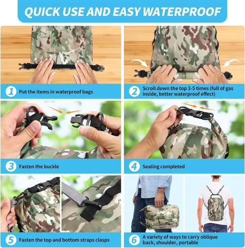 Miniatura 3 de Bolsas secas impermeables de camuflaje pequeñas y ligeras con correa para tabla de remo, kayak, pesca, camping, senderismo (10 L)