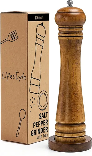 Molinillo de sal y pimienta de madera, molinillo de sal y pimienta, cocteleras de madera de roble con molinillos de cerámica ajustables (10 pulgadas