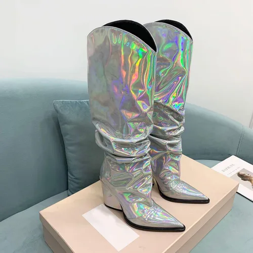 Miniatura 22 de Vertundy Botas altas hasta la rodilla metálicas con punta puntiaguda para mujer, botas altas de tacón alto de charol plisadas, botas largas plisadas