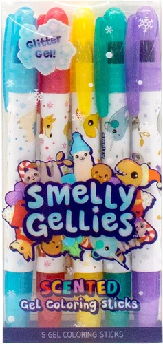Holiday Smelly Gellies – Palitos de colores en gel con purpurina patentada, crayones y resaltadores – 5 unidades – Regalos para niños, relleno de