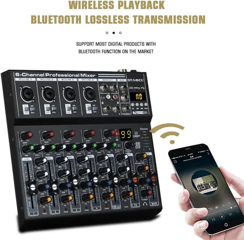 Miniatura 3 de Mezclador de audio profesional de metal de 6 canales con BT, interfaz de audio, consola de mezcla de tablero de sonido, efecto de reverberación DSP