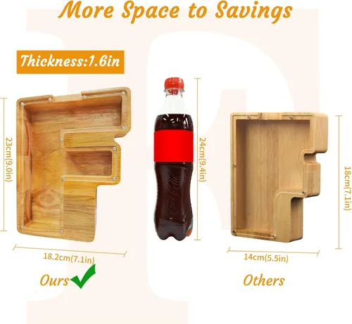 Miniatura 2 de Ladenk Alcancía de madera grande personalizada de 9 pulgadas para niños, niños, niños/niñas/adultos, bancos creativos para niños para billetes y F