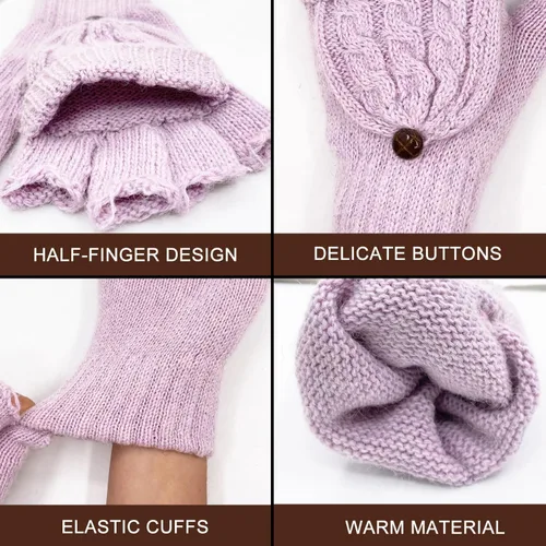 Miniatura 78 de Beurlike Guantes de invierno para mujer, de lana cálida, a prueba de viento, convertibles, sin dedos