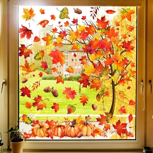 Miniatura 2 de Whaline 6 Hojas de Calcomanías de Hojas de Arce Otoñales para Ventanas Acción de Gracias Acuarela Árbol de Arce Hojas Naranja-Marrón Calabazas