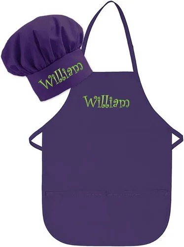 Bordado personalizado fabricado en los Estados Unidos – Añade un nombre para niño delantal y sombrero – Tallas para niños pequeños y niños Púrpura