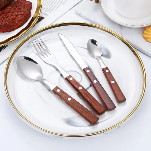 Miniatura 6 de Juego de 20 cubiertos de acero inoxidable con mango de madera maciza para 4 personas, cuchillo para carne, cuchara de postre (oscuro)