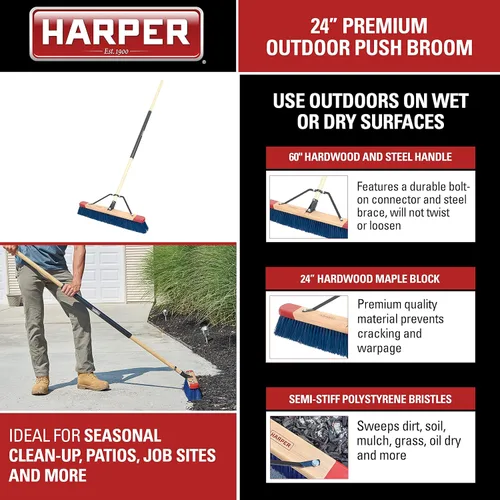Miniatura 3 de Harper Escoba de empuje de 24 pulgadas con cerdas rígidas, superficie rugosa húmeda/seca al aire libre de alta calidad, para mantillo, grava, secado