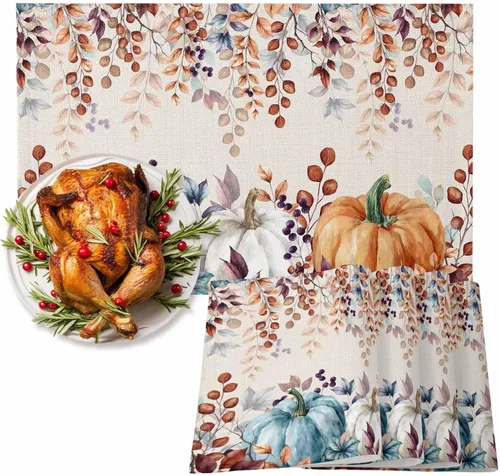 Miniatura 104 de Juego de 4 manteles individuales Boho de otoño, calabazas de acuarela para Acción de Gracias, resistentes al calor, lavables, para mesa, manteles