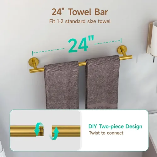 Miniatura 3 de USHOWER Juego de accesorios de baño de oro cepillado, juego de toallero de 24 pulgadas montado en la pared, juego de accesorios de baño de acero Oro