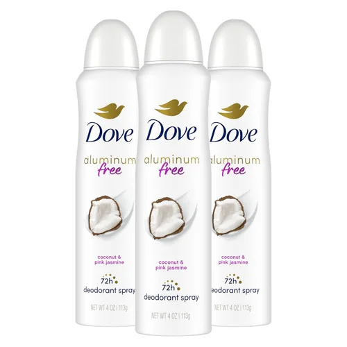 Dove Desodorante en aerosol sin aluminio para mujer, 3 unidades de coco y jazmín rosa, 72 horas, protección contra olores, 4 onzas