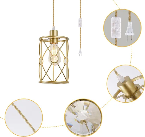 Miniatura 8 de Paquete de 2 lámparas colgantes industriales enchufables, mini jaula colgante en acabado dorado con cristal, longitud ajustable para pasillo