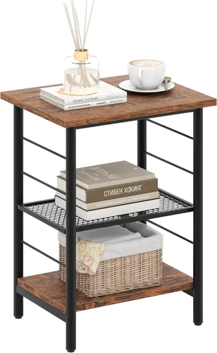 GOFLAME Mesa auxiliar industrial de 3 niveles, mesita de noche con estante de metal de malla extraíble, almohadillas niveladoras ajustables, mesa