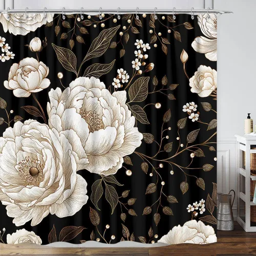 Miniatura 16 de Cortina de ducha de mariposa floral negra y dorada, cortina de ducha bohemia con diseño botánico de flores oscuras para baño con gancho, juego