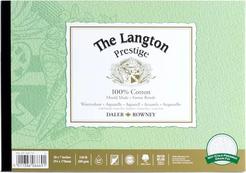 Daler-Rowney The Langton Prestige - Bloc de papel blanco natural de 10 x 7 pulgadas, acuarela prensada en frío, 10 x 7 pulgadas, 1 lado, sin ácidos,