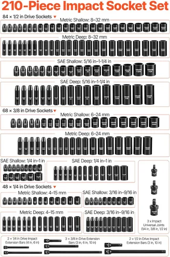 Miniatura 3 de VEVOR Juego de llaves de impacto de 1/4, 3/8 y 1/2 pulgadas, 210 piezas métricas y estándar completas, profundo y poco profundo, CR-V, 6 puntos