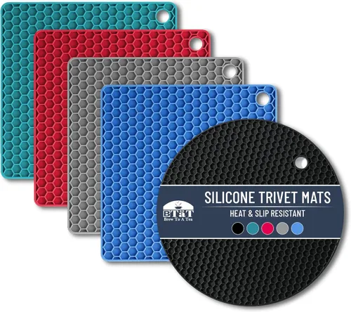 Miniatura 8 de BTaT - Salvamanteles de silicona, paquete de 2 salvamanteles redondos de silicona negros para ollas calientes, sartenes y platos