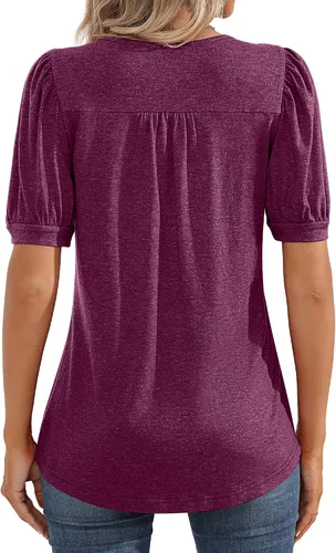 Miniatura 2 de Ficerd Blusa plisada de manga corta abombada para mujer, cuello redondo, elegante, casual, holgada, para primavera y verano