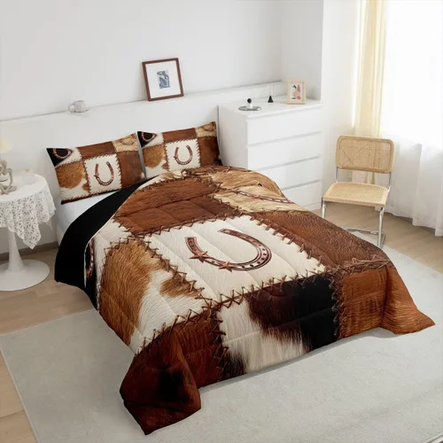 Miniatura 3 de Juego de ropa de cama de cuero de vaca occidental, juego de edredón dorado con diseño de herradura de estrellas de Texas, diseño de retazos de Multi