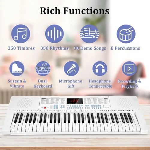 Miniatura 3 de Vangoa VGK611 Teclado Eléctrico para Principiantes, Teclado de Música Portátil de 61 Teclas con Mini Teclas Iluminadas, Piano Electrónico para Blanco