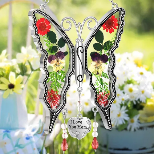 Miniatura 6 de KY &BOSAM - Adorno de mariposa atrapaluz para regalo de mamá, con la frase "I Love You Mom". Vitral para colgar en la ventana, carillón de viento
