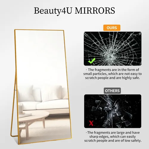 Miniatura 5 de Beauty4U Espejo de longitud completa de 65" x 24" con soporte, espejo de cuerpo completo para montaje en pared dorado, espejo de metal templado