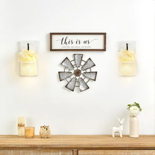Miniatura 5 de Mkono Molino de viento pequeño de 11.5 pulgadas, decoración de pared de hierro rústico para colgar en la pared, adorno de pared de metal