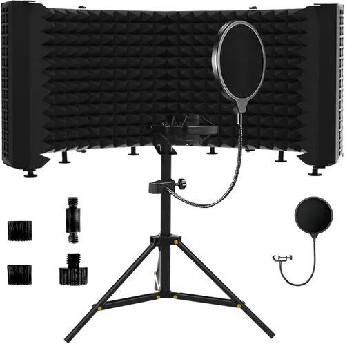 Escudo aislante para micrófono – Panel insonorizado plegable y ajustable para grabación, podcast, cabina vocal, estudio y uso doméstico (soporte