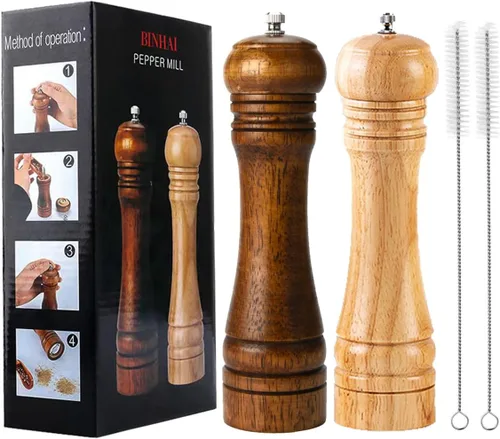 Juego de molinillo de pimienta de madera, molinillo de sal y pimienta, molinillos manuales sólidos con molinillos de cerámica ajustables fuertes, 2