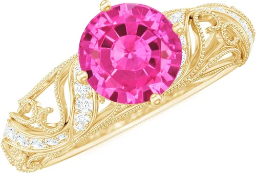Miniatura 11 de Anillo de compromiso redondo de zafiro rosa cultivado en laboratorio certificado con diamante Calidad AAAA Anillo de estilo vintage para mujer