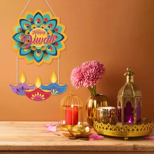 Miniatura 7 de LHIUEM Diwali - Letreros de madera de Happy Diwali para decoración de pared, juego de 2 (10 x 20 pulgadas), decoración de loto, pancarta india Happy