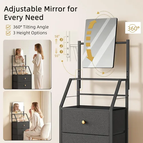 Miniatura 4 de HIGDBFE Cómoda de 4 cajones con espejo, tocador con estantes de 2 niveles, cómoda de tela para espacios pequeños, armario de almacenamiento vertical
