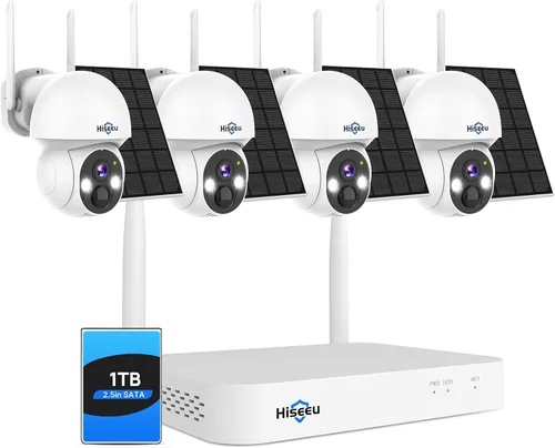Hiseeu Cámara de seguridad solar para exteriores, kit de 4 cámaras de 4 MP, sistema de cámaras de seguridad inalámbricas, vigilancia doméstica,