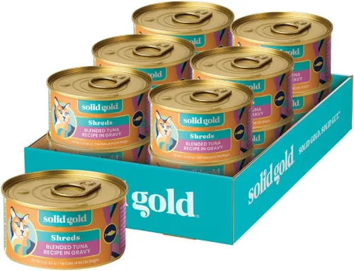 Miniatura 22 de Solid Gold comida húmeda para gatos desmenuzada con salsa - Alimento enlatado para gatos hecho con atún real y caballa - Sin granos de los Cinco