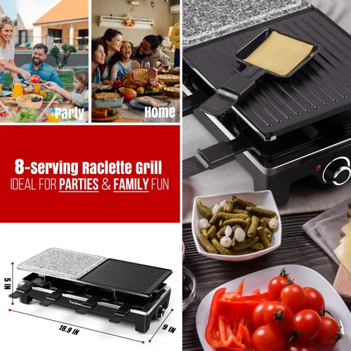 Miniatura 2 de Raclette Grill, Techwood - Parrilla eléctrica para interiores con 2 platos antiadherentes reversibles, 1 placa de parrilla de piedra, calentamiento