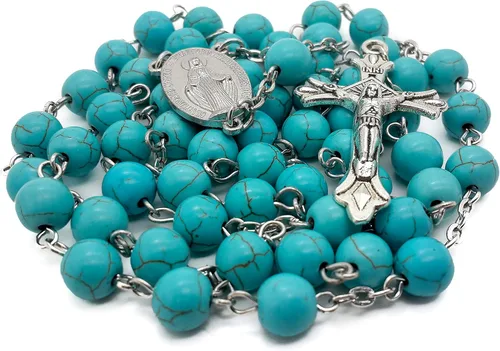 Miniatura 3 de Nazareth Store Collar de cuentas de piedra de mármol azul cielo rosario turquesa con cuentas de medalla milagrosa católica y cruz de Jesús 20